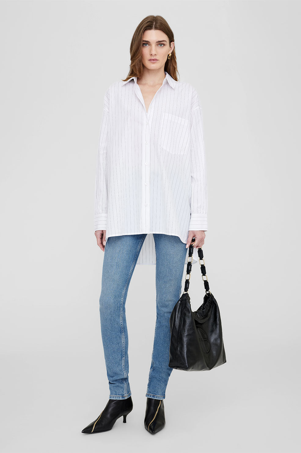 ANINE BING Chrissy Shirt in White And Taupe Stripe