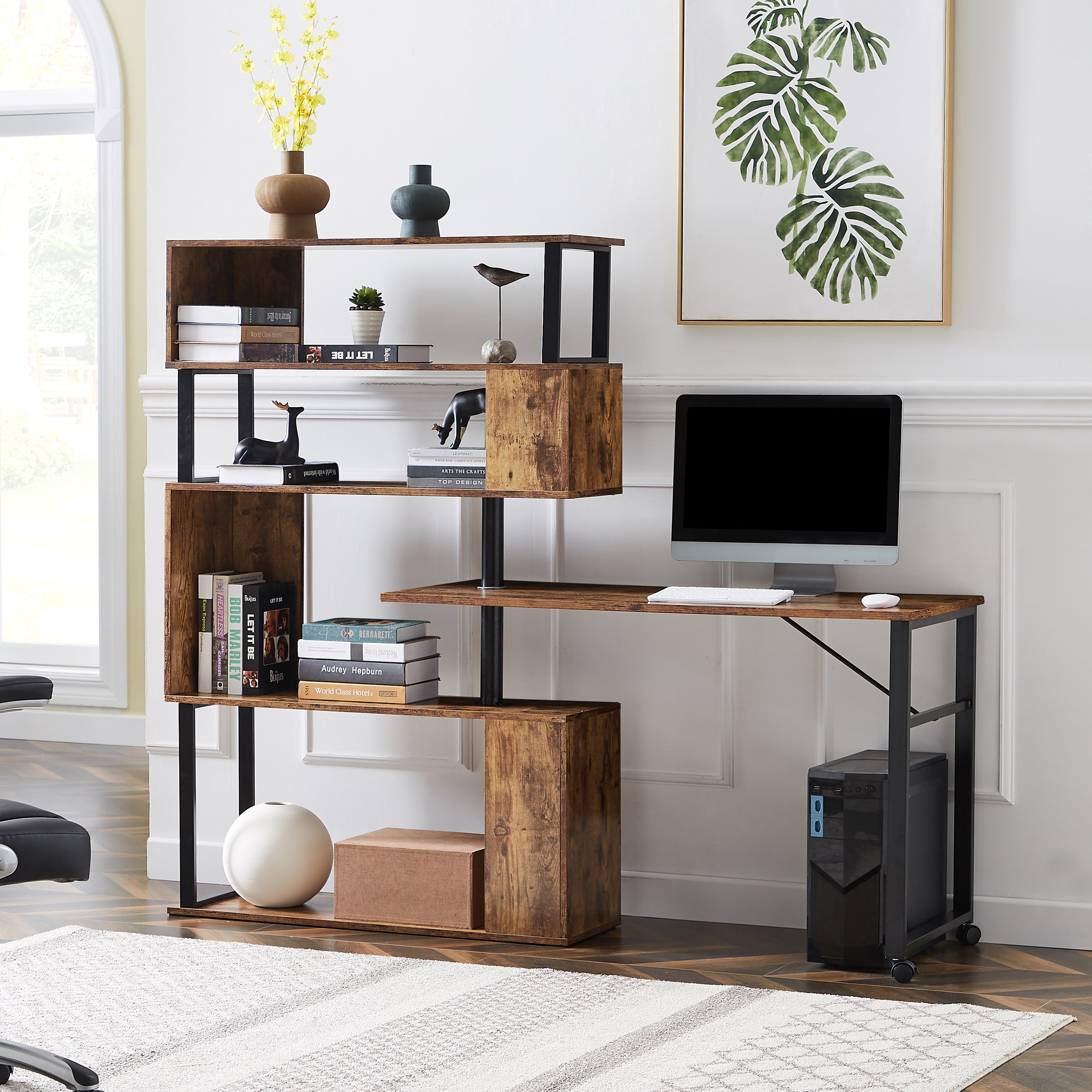 Home Office Computer Desk L-Shaped Corner Table, Rotating Computer Table with 5-Tier Bookshelf, Four Installation Methods, Lockable Casters (Tiger)